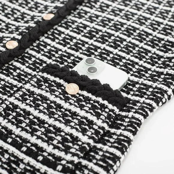 Women Cardigan Sweaters Tweed Pattern Jacket V Neck Sweater Blazer with Button